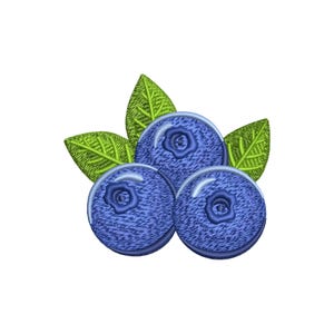 May include: Three blue blueberries with green leaves. The blueberries are clustered together and have a slightly textured surface.