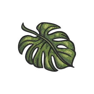 May include: A detailed illustration of a green Monstera leaf with a textured appearance and dark green outlines. The leaf has several large, irregular holes and a prominent stem, set against a white background.