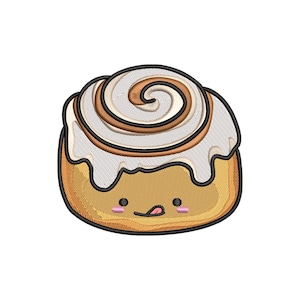 Op de afbeelding: Een cartoon illustratie van een kaneelbroodje met een lachend gezicht, roze wangen en een kleine tong die uitsteekt. De rol heeft een witte glazuurwervel, bruine kaneelvulling en een goudbruine buitenkant, omlijnd in zwart.