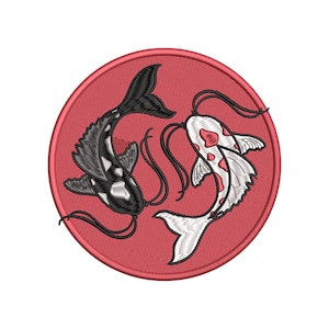 May include: Embroidered patch with a yin-yang design of two koi carp. One is black and white, the other white with red spots, on a red circular background. Suitable for clothing or accessories.