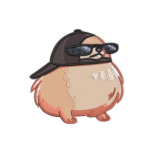 May include: A cartoon illustration of a small dog wearing a black baseball cap and sunglasses. The dog is brown and white and has a round body.