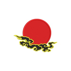 May include: Embroidered patch featuring a vibrant red circle, possibly representing the sun, with black and yellow stylized cloud designs. The patch is likely for decorative purposes, suitable for clothing or accessories.