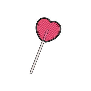 May include: A pink heart-shaped lollipop on a white stick.