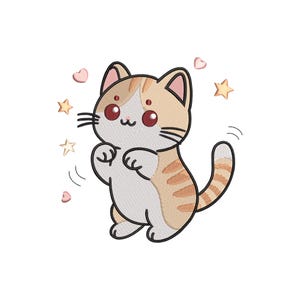 May include: An embroidered design of a cute cartoon cat with a white belly, tan and white striped fur, and large red eyes. The cat is surrounded by small pink hearts and gold stars on a white background.