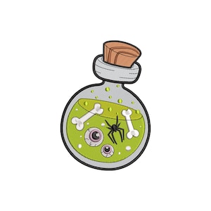May include: Embroidered patch featuring a round potion bottle with a cork stopper. The bottle contains green liquid, two bones, two eyeballs, and a black spider. The patch has a black outline and is suitable for Halloween.