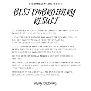 Puede incluir: Gr&aacute;fico blanco con texto negro que proporciona consejos de bordado. El texto incluye recomendaciones para agujas, estabilizadores, tensi&oacute;n del hilo y velocidad de puntada. El t&iacute;tulo es "Best Embroidery Result", con "Happy Stitching!" en la parte inferior.