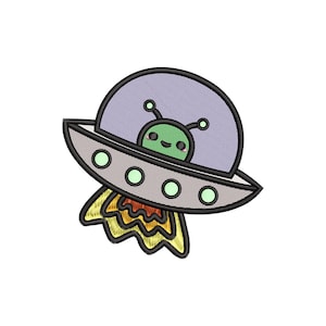 May include: A cartoon alien with a green body and a happy face is flying in a gray and purple spaceship with a yellow flame coming out of the back.