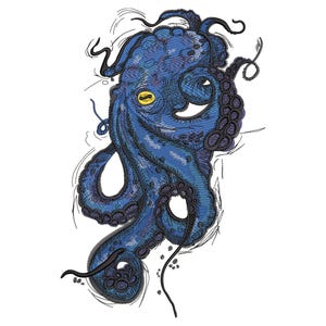 Puede incluir: Ilustración detallada de un pulpo azul con un ojo amarillo y ventosas moradas oscuras. El pulpo tiene un aspecto texturizado con sombreado y resaltes, sobre un fondo blanco. Los tentáculos están rizados y fluyen.