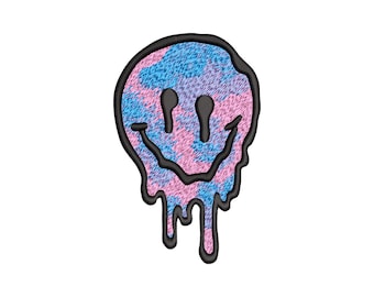 May include: An embroidered patch with a melting smiley face design. The face has a black outline and is filled with a blue and pink tie-dye pattern. The eyes and mouth are black, and the bottom of the face is dripping.