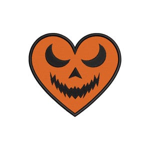 May include: An orange heart-shaped patch with a black outline. The heart features a jack-o'-lantern face with black eyes, nose, and a jagged mouth. The design is perfect for Halloween-themed crafts and apparel.