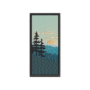 May include: Embroidered patch featuring a mountain landscape with a sunset. The design includes silhouetted pine trees, rolling hills, and a setting sun. The color palette consists of blues, greens, and gold, all framed in a black border.