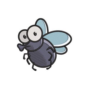 May include: A cartoon-style fly with large, round eyes and a smiling mouth. The fly has a gray body with black outlines, black legs, and light blue wings. The eyes are white with black pupils and gray detailing.