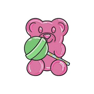 May include: An embroidered pink gummy bear holding a green and white lollipop. The bear has a black outline and details, with a stitched texture. The lollipop has a striped design and a colourful stick.