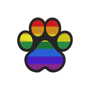 May include: An embroidered paw print patch featuring a black border. The four upper toe pads are filled with horizontal stripes of red, orange, yellow, and green. The large central pad displays horizontal stripes of green, blue, and purple.