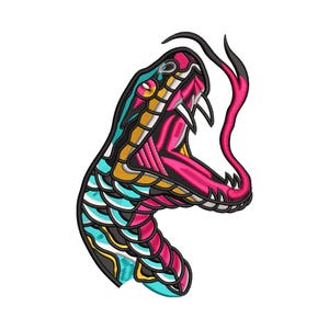 May include: Embroidered snake head with an open mouth, showcasing sharp white fangs and a long, pink tongue. The snake's head features a vibrant color palette of teal, yellow, pink, and black, creating a striking visual effect. The design is likely for apparel or accessories.