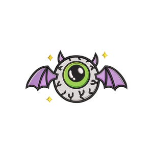 May include: Embroidered patch of a cartoon eyeball with a green iris, black pupil, and white sclera. The eye has small black horns, purple bat wings, and yellow stars. Ideal for Halloween.