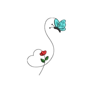 May include: An embroidered design featuring a teal butterfly with black accents, connected by a curved line to a red flower with green leaves and a heart shape. The design is on a white background.