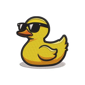 May include: Embroidered patch of a yellow duck wearing black sunglasses. The duck has an orange beak and is outlined in black. The patch is on a white background with a gray shadow.