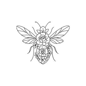 Broderidesign med blommigt bi, maskinbroderimönster med bi i skissstil, kontur av botanisk insekt, PES DST JEF, broderi med tatueringsstil
