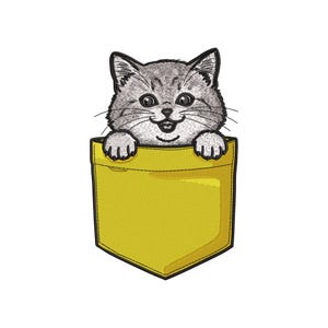 May include: A gray and white kitten peeking out of a yellow pocket. The kitten is smiling and has its paws on the edge of the pocket.