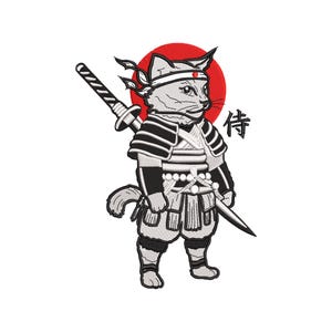 May include: Embroidered design of a cat dressed as a samurai warrior, with a katana and the Japanese character for samurai. The cat is gray and white, with a red headband and a red sun in the background.