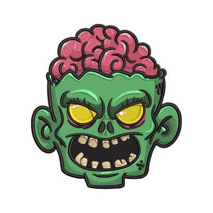 May include: Embroidered patch featuring a cartoon zombie head with exposed pink brains. The zombie has green skin, yellow eyes, and a wide open mouth with visible teeth. The design has black outlines and is set against a white background.