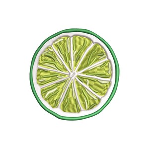 May include: Embroidered lime slice with a green rind and white interior. The lime's segments are a light green color, and the design is set against a white background. This design is suitable for patches, appliques, or other craft projects.