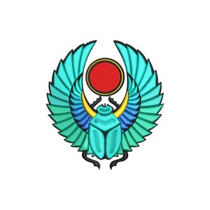 May include: An embroidered image of an Egyptian scarab beetle with wings. The beetle is turquoise, with yellow horns and a red sun disc. The wings are teal and green, set against a white background. A detailed design.
