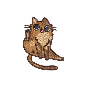 May include: A cartoon illustration of a brown and white cat with big eyes and a pink tongue sticking out. The cat is sitting with its right paw raised and its tail curled around its body.