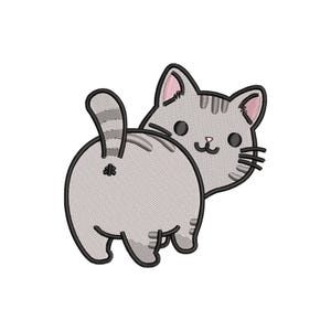May include: An embroidered design of a gray tabby cat, viewed from the rear and side. The cat's body is gray with darker gray stripes and black outlines. The cat's face is visible, with pink ears, black eyes, and whiskers. The cat is smiling.