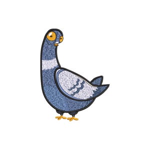 May include: A cartoon-style blue and white pigeon with yellow eyes. The pigeon is looking to the left and has a slightly surprised expression.