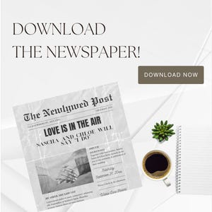 Könnte beinhalten: Eine Schwarzweiß-Zeitungsanzeige mit der Überschrift "Liebe liegt in der Luft", die die Hochzeit von Sascha und Chloe ankündigt. Die Ankündigung enthält das Datum und den Ort der Hochzeit, "Samstag, 21. September 20xx, Willow Lake Resort".
