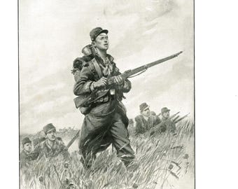 Pode incluir: Uma ilustração em preto e branco de soldados marchando através de um campo de grama alta. Os soldados carregam rifles e usam uniformes militares. A legenda diz "Et maintenant... en avant!" que se traduz como "E agora... para frente!"