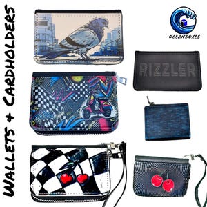 Carteras y tarjeteros con temática de cerezas, coches, Rizzler y palomas