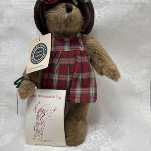 Puede incluir: Un oso de peluche marrón que lleva un sombrero marrón con flores rojas y blancas. El oso lleva un vestido de cuadros rojos y verdes y sostiene una tarjeta que dice "Lizzie Wishkabibble Day".