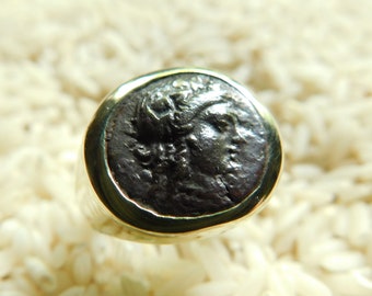 Dionysos Authentic Ancient Coin From Aiolis, Temnos, 300-200 B.C. in a 14k Gold Mounting