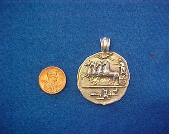 Heavy Sterling Silver Ancient Syracuse Coin Replica With Nike Flying Above a Quadriga