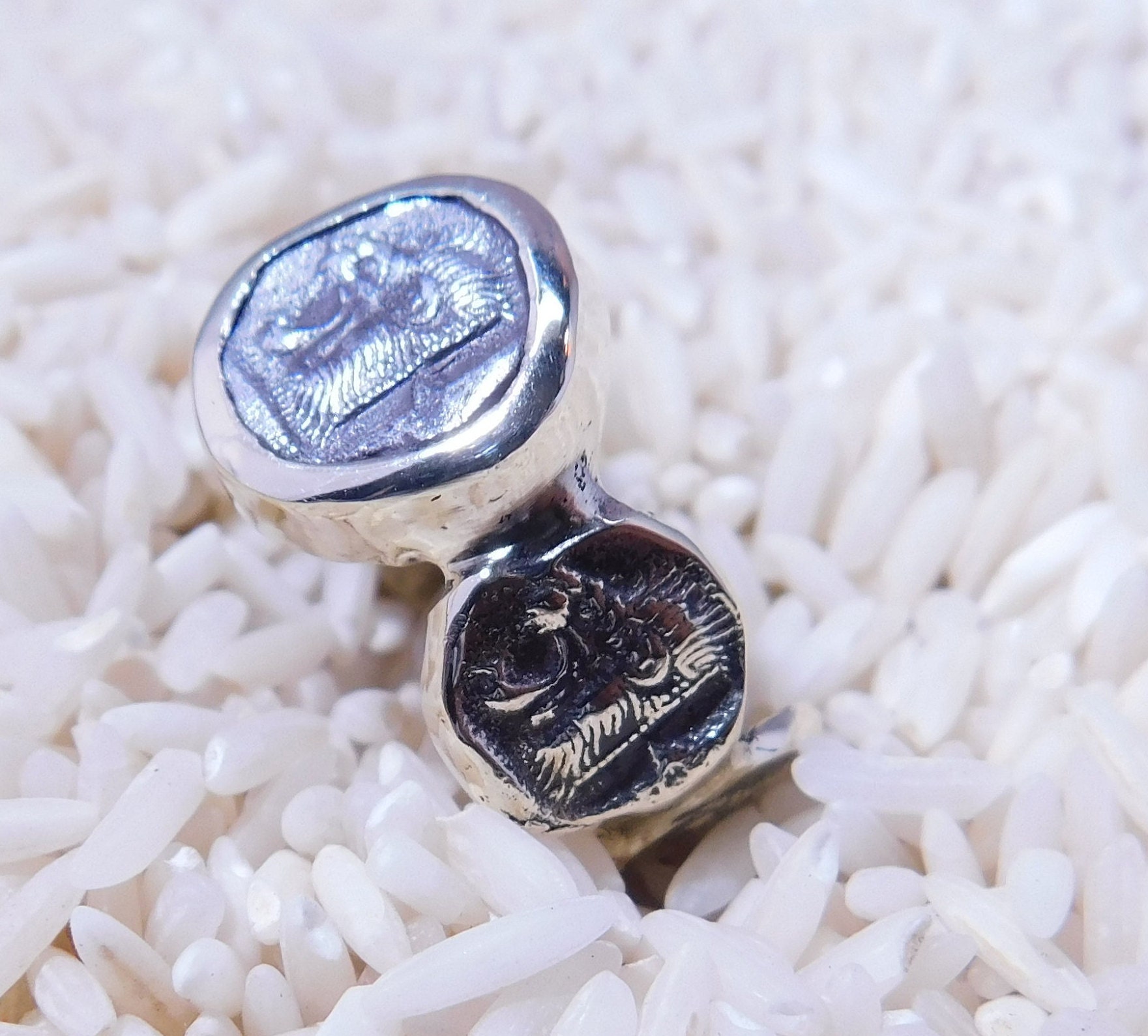 18金の真正古代コインステートメントリング、ミュシア、キジコス諸島。市民発行。紀元前5世紀頃。ARディオボルまたはトリヘミオボル。 - Etsy 日本