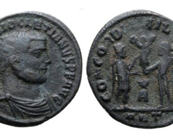 ROMAN EMPIRE, Diocletian 284-305 A.D.  Reverse is Diocletian receiving Victory on a globe from Jupiter