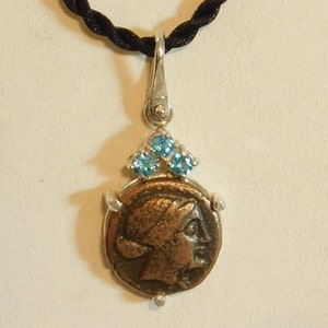 Authentic Ancient Greek Bronze Coin From Aiolis, Kyme c. 250-200 B.C. Pendant With Blue Topaz