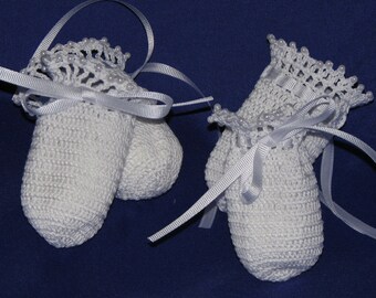 White no scratch baby mitts / gloves with pearls - handmade from heart of Ohio - perfect for christening, Christmas, pictures, baptism