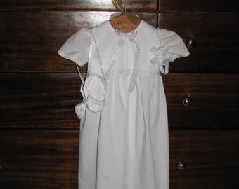 newborn 3 piece Christening set * dress, shoes, headband in all white batiste with pearls and lace