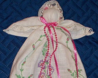 Pew Dolls from Rose embroidered vintage fabric have lace bonnet, handmade in Ohio, hanky baby,  prayer baby, church doll, baptism doll