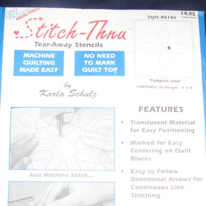May include: A quilting stencil package with the title "Stitch-Thru Tear-Away Stencils" by Karla Schulz. The package features a translucent material for easy positioning and includes 16 designs, each measuring 4 inches by 4 inches. The package also includes easy-to-follow directional arrows for continuous line stitching.