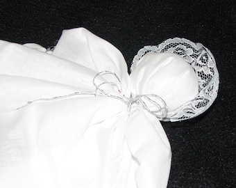 White Hanky Baby Doll has flower lace * handmade from heart of Ohio * christening, flower girl, baptism, confirmation