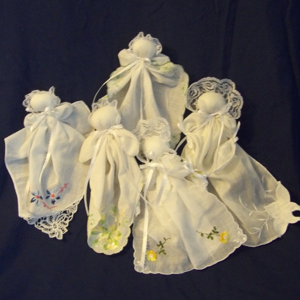 Vintage hankies made into hanky baby dolls have embroidered flowers, lace.  Handmade from heart of Ohio.  Pew / prayer / church / shower