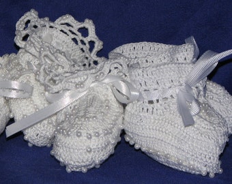 Heirloom baby booties * crib shoes with pearls are handmade for baby christening, baptism, first photo, baby shower