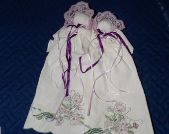 Pew Dolls * Purple Pansy embroidered vintage fabric * handmade in Ohio, hanky baby,  prayer baby, church doll, baptism doll, lavender flower