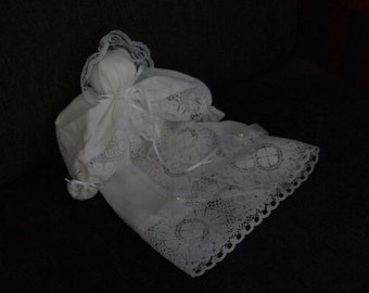 White Daisy Lace hanky doll with sheer bows and faux pearls * handmade from Ohio