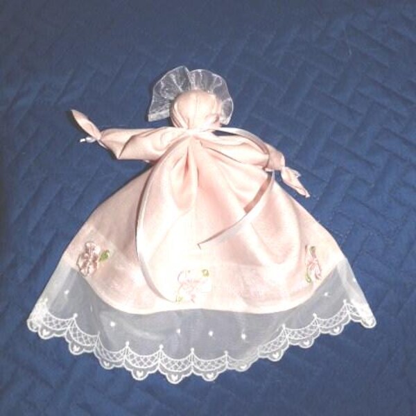 Pink Irish Linen Hanky Baby Doll has sheer lace, ribbon roses & pearls * handmade from heart of Ohio * baptism, confirmation, pew doll